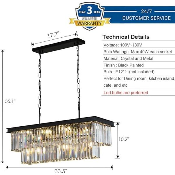Crystal Chandeliers for Dining Room 11-Light Black Modern Chandelier Rectangle Contemporary Pendant Light Fixture for Kitchen Island Bar L33.5 Inch - Image 3