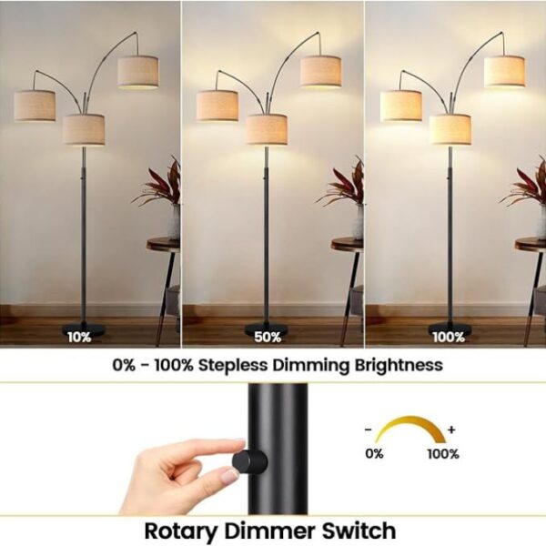Dimmable Floor Lamp - 3 Lights Arc Floor Lamps for Living Room, 1000LM Modern Tall Standing Lamp With Beige Shades & Heavy Base, Mid Century Tree Floor Lamp for Bedroom Office, 3 LED Bulbs Included - Image 3