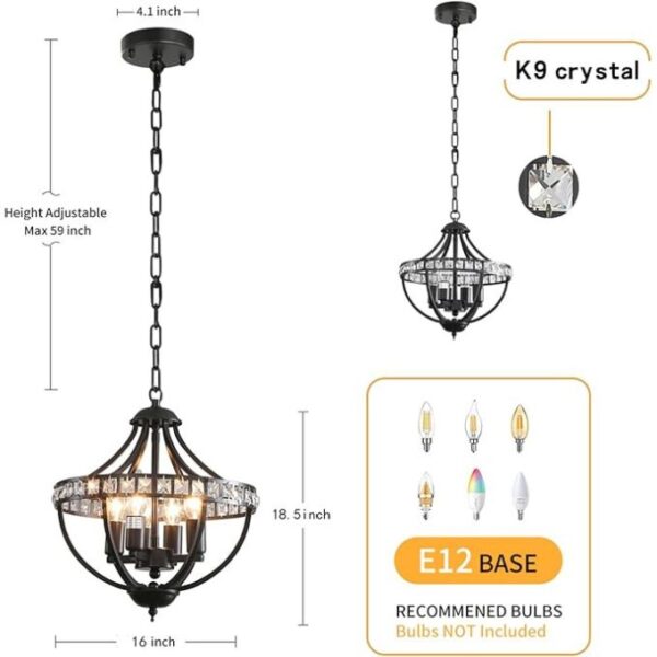 Farmhouse Crystal Ceiling Hanging Chandelier,16inch Black Rustic Vintage Pendant Light Fixture for Living Room Bedroom Dining Room Dining Foyer Kitchen Entry （5-Light） - Image 2
