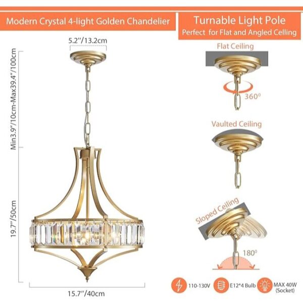 Modern Gold Crystal Chandeliers for Dining Room Pendant 4-Light Rustic Farmhouse Chandelier with Round Metal Lampshade for Living Room Kitchen Island Hallway Bedroom Foyer - Image 2